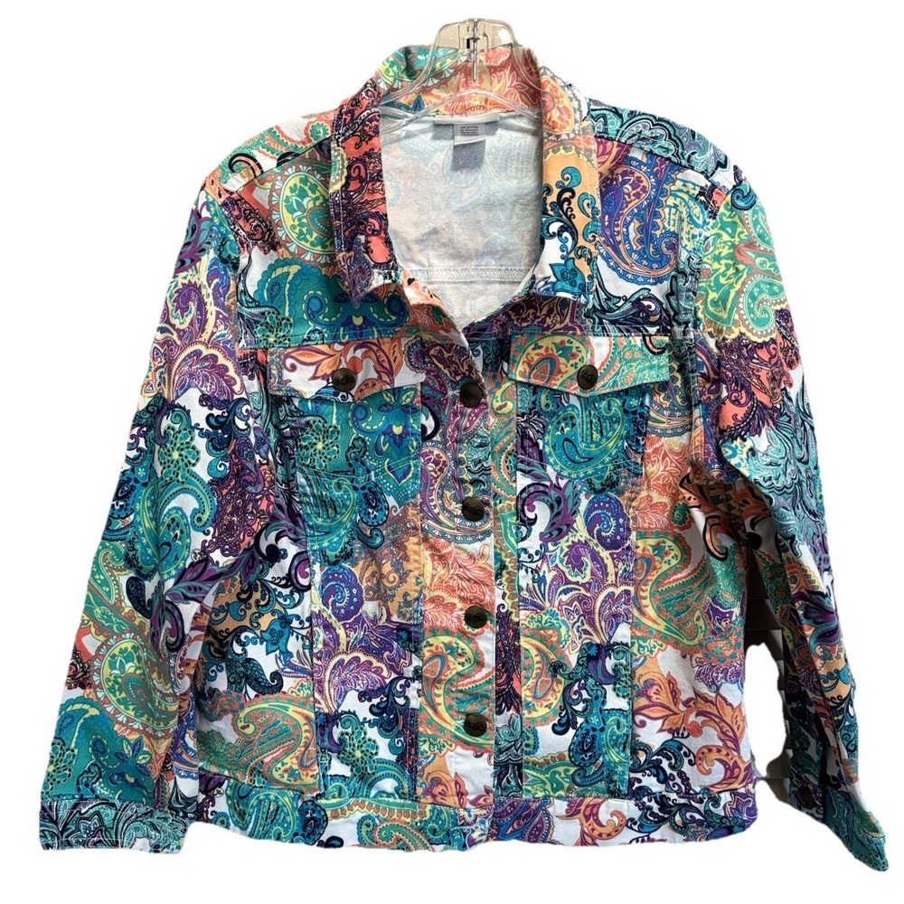 Bend Over Multicolor Paisley Denim Jacket Size 16P Pockets Button Up Collar Logo